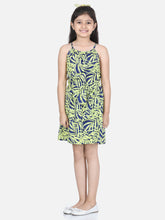 Girls Blue and Yellow Printed Front Knot Dress